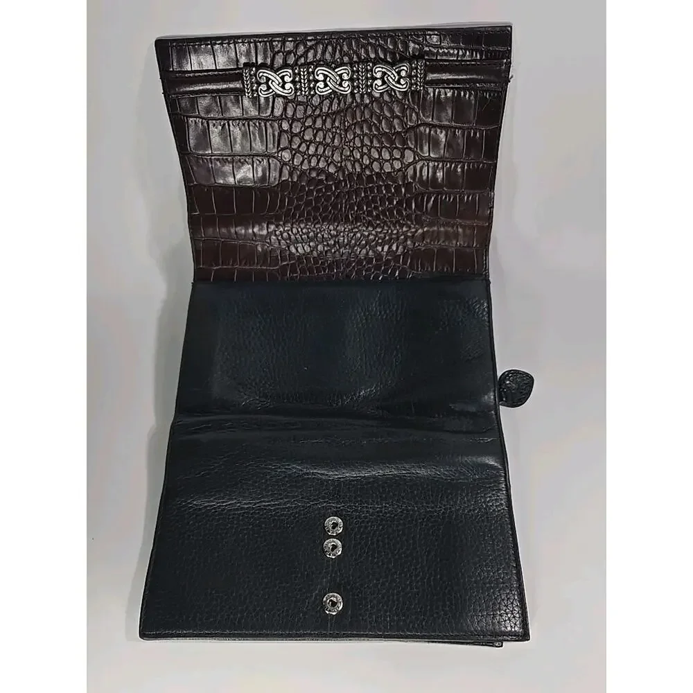 VTG Brighton Black & Brown Croc Embossed Leather Checkbook-‎ Wallet 90's